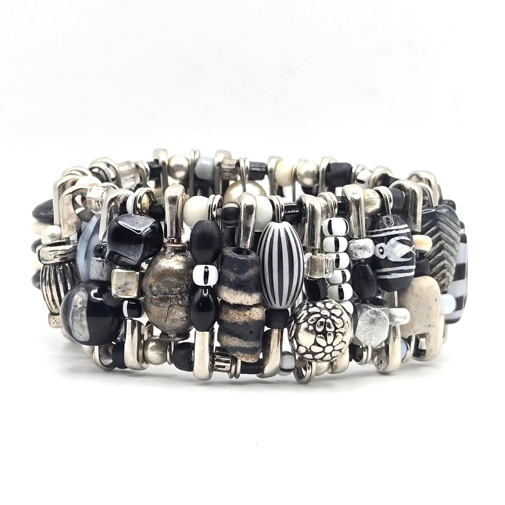 Safety Pin Bead Bracelet Mixed Media Black White Silver Tone Stretch Handcrafted